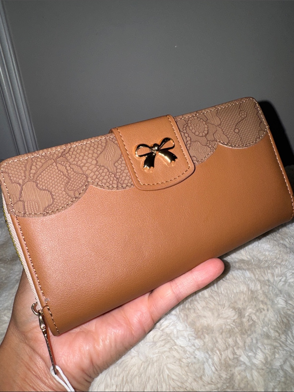 Women's Tan Lace-Trim Faux Leather Wallet with Gold Bow Accent